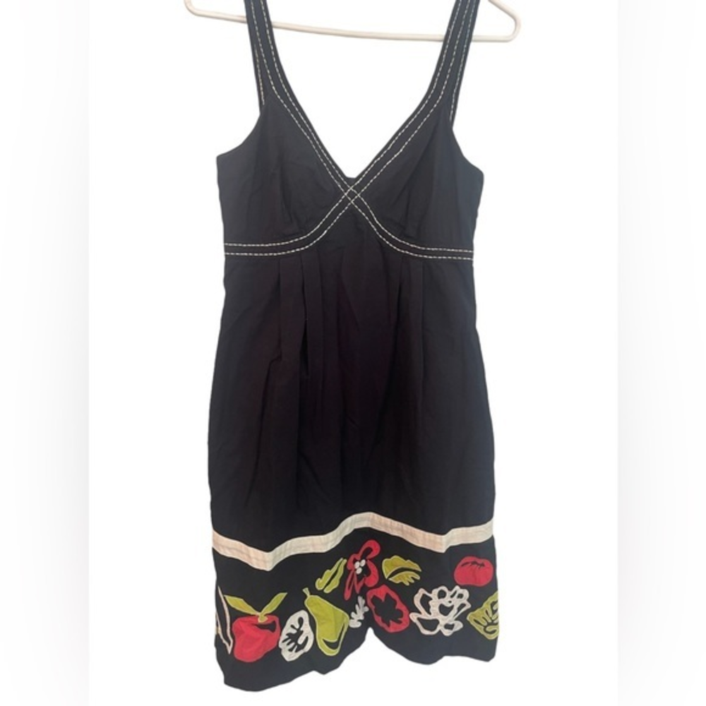 Anthropologie Maeve‎ Salad Days Black Appliqué Dress Size 4 100% Cotton Pears